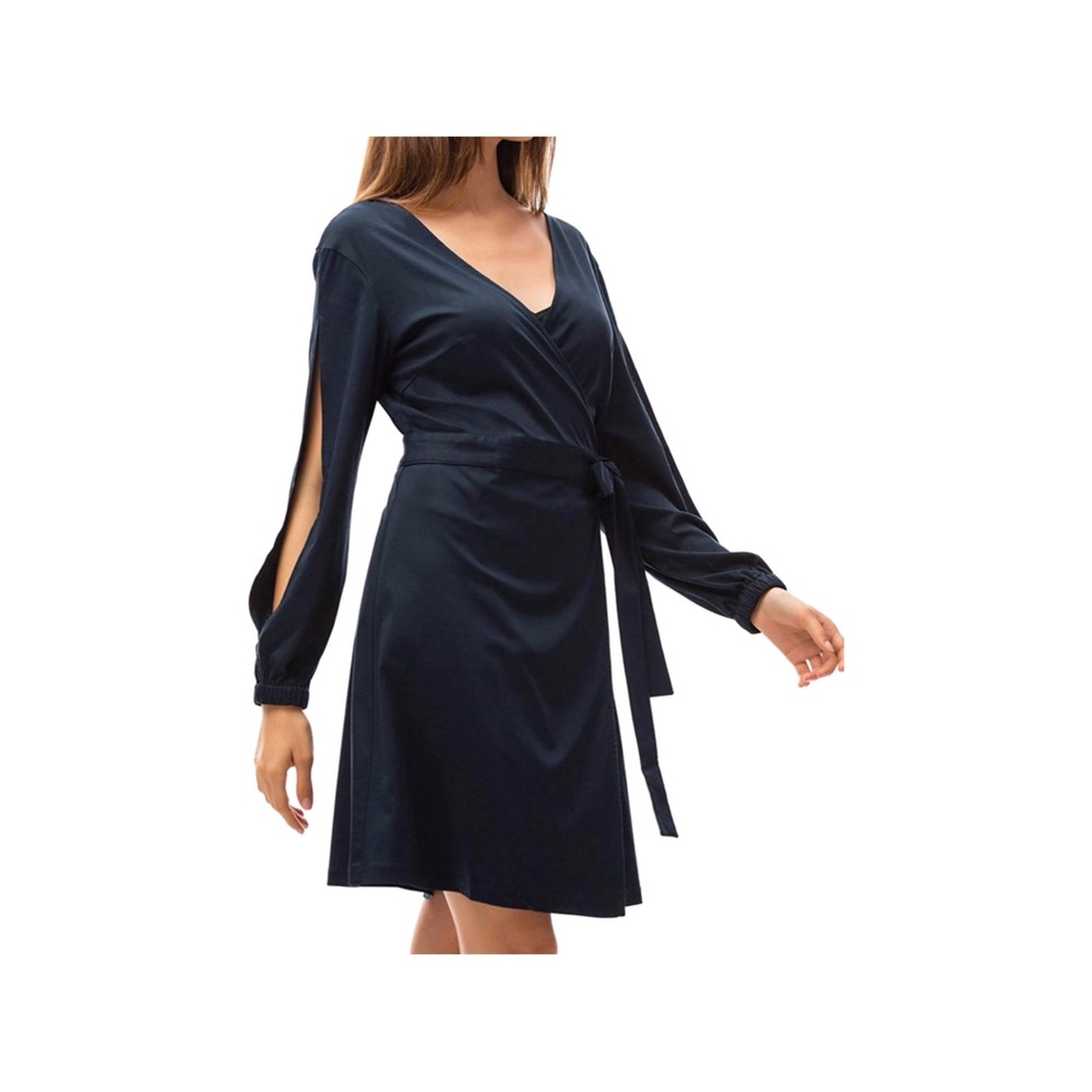 Navy blue wrap dress with keyhole sleeves